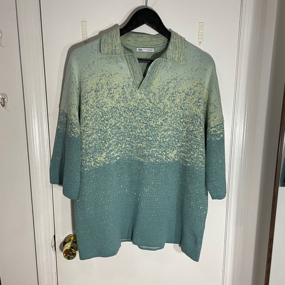 Zara Men’s Green/Sage Ombre Knit Collard Short Sleeve Polo Sweater - Picture 2 of 8